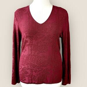 Jones NY Collection Vintage Floral Long Sleeve Knit Sweater Top Women XL Maroon